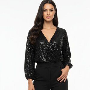 Glam NWT INC Plus Size 1X Sequin Faux Wrap Puffed Sleeves Evening Wear Blouse